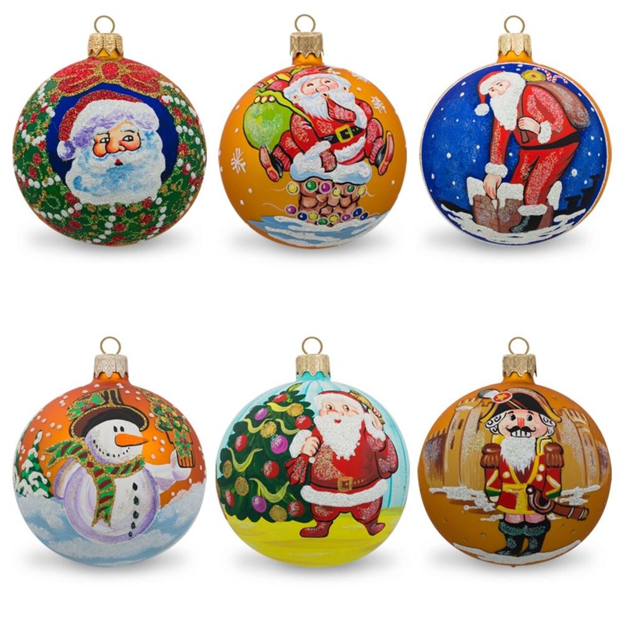 Set of 6 Santa with Gifts, Snowman, Nutcracker Glass Christmas Ornaments